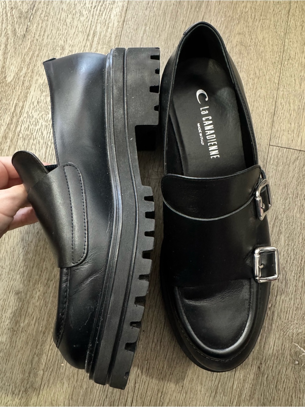 La Canadienne Black Leather Double Buckle Loafers Made in Italy EU 39